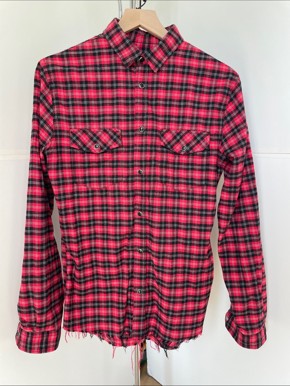Men’s The Kooples Paris Red Plaid Button down shirt with frayed hem. Size Small.